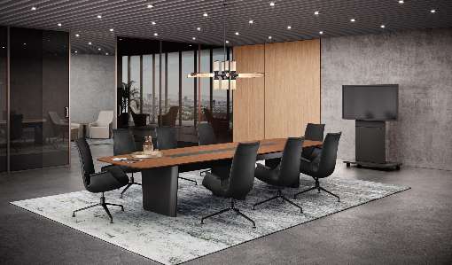 Photo 5: Strong contrasts thanks to walnut veneer: The Scale-Media conference table makes an impression. Design: Wolfgang C. R. Mezger. Photo: Walter Knoll